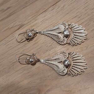 Source Unknown Intricate Silver Drop Earrings